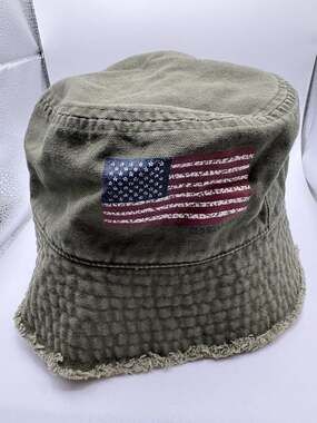 Vintage 2004 Old Navy Olive Green American Flag Bucket Hat S/M